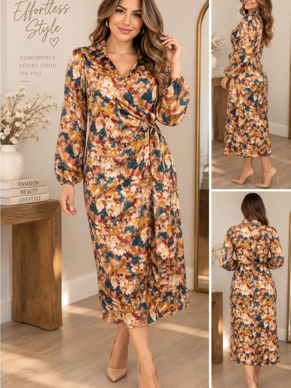 NELLO Women’s M Floral Wrap Midi Dress Long Sleeve Tie Waist Multicolor Size M